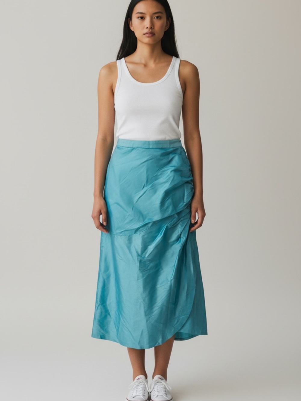 Ruched Aqua Silk Midi Skirt — Lightweight Draped Silhouette